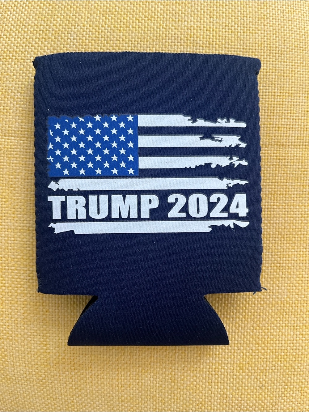 Trump 2024 American Flag Navy Blue Koozie, New without tags